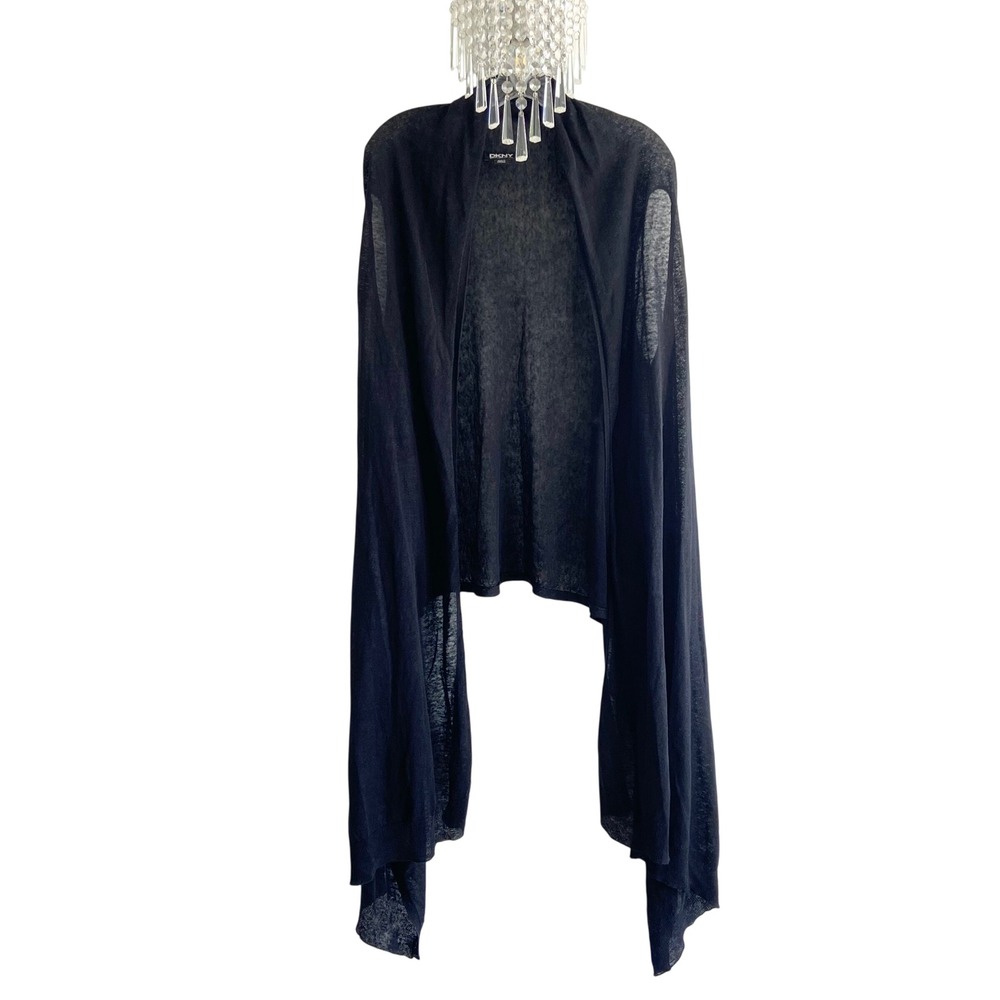DKNY Black Sheer Knit Draped Open Front Longline Vest Cardigan High Low ML